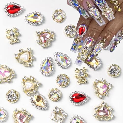 KACHIMOO 24pcs Luxury Laser Design Heart Nail Charms - Alloy Gold Nail Art Rhinestones for Women DIY - görsel 1