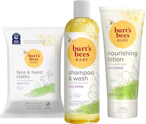 Burt's Bees Baby Gift Set for Baby Showers: Lavender Shampoo, Body Lotion, Wipes & Cloths – Naturally-Derived Skincare Essentials (3 Count) Avelisse