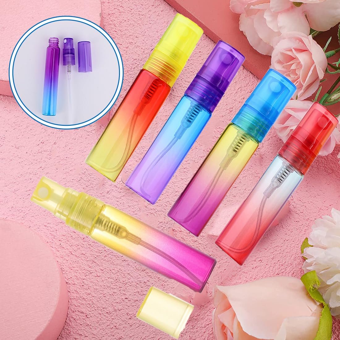 SUKPSY 10 Pack Mini Glass Spray Bottles - Refillable Fine Mist 5ml Travel Perfume & Essential Oil Atomizers (5 Gradient Colors) - görsel 7
