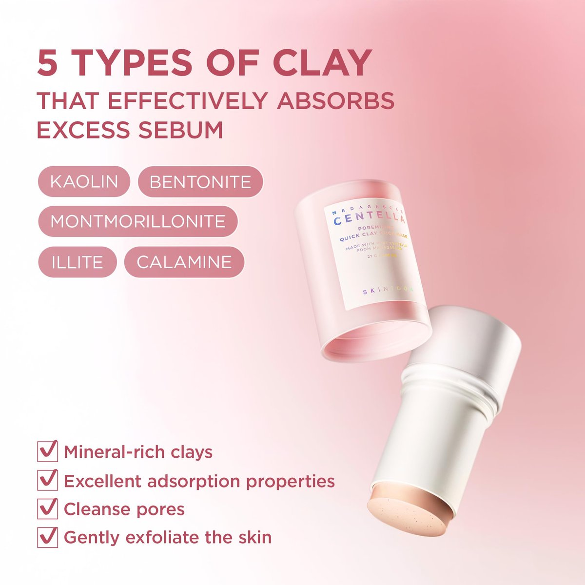 SKIN1004 Poremizing Quick Clay Stick Mask - Pink Mud Mask with Centella for Pore Minimizing and Sebum Control, 0.95 oz Avelisse