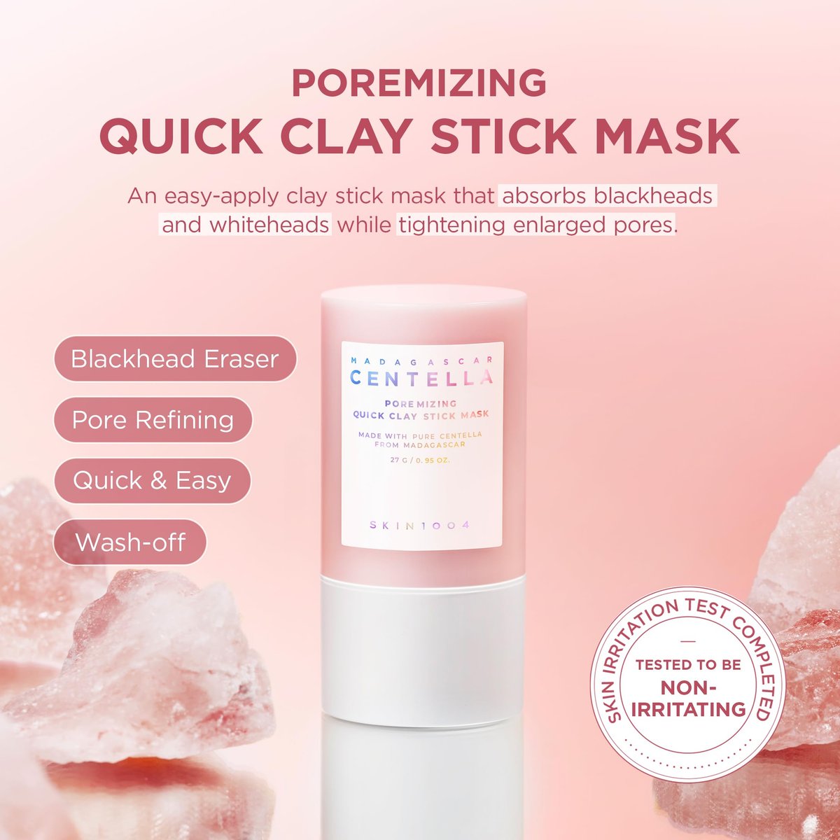 SKIN1004 Poremizing Quick Clay Stick Mask - Pink Mud Mask with Centella for Pore Minimizing and Sebum Control, 0.95 oz Avelisse