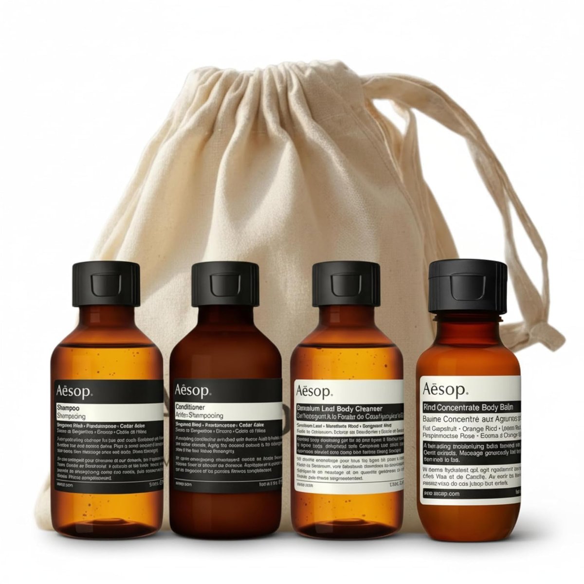 Aesop Arrival Travel Set (4-Piece) – Shampoo, Conditioner, Geranium Leaf Body Cleanser & Rind Concentrate Body Balm – 1.7 oz/50 mL Each – Gift Set with Reusable Canvas Bag Avelisse