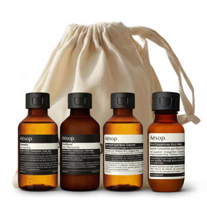 Aesop Arrival Travel Set (4-Piece) – Shampoo, Conditioner, Geranium Leaf Body Cleanser & Rind Concentrate Body Balm – 1.7 oz/50 mL Each – Gift Set with Reusable Canvas Bag Avelisse