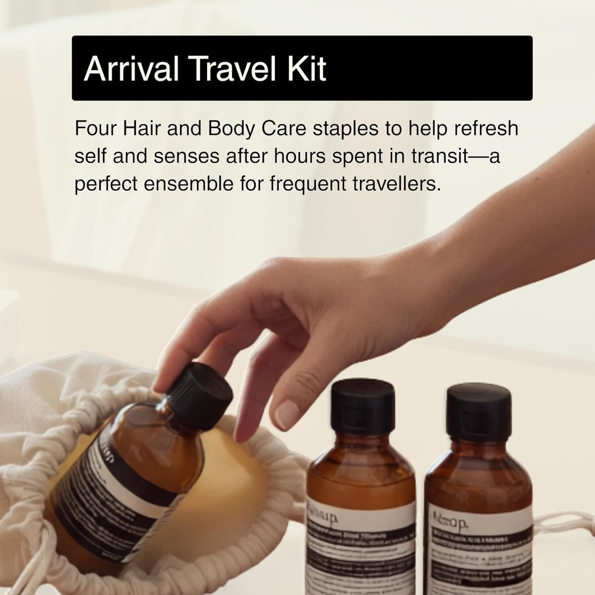 Aesop Arrival Travel Set (4-Piece) – Shampoo, Conditioner, Geranium Leaf Body Cleanser & Rind Concentrate Body Balm – 1.7 oz/50 mL Each – Gift Set with Reusable Canvas Bag Avelisse