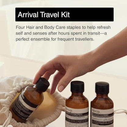 Aesop Arrival Travel Set (4-Piece) – Shampoo, Conditioner, Geranium Leaf Body Cleanser & Rind Concentrate Body Balm – 1.7 oz/50 mL Each – Gift Set with Reusable Canvas Bag Avelisse