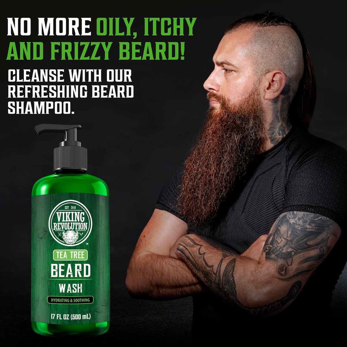Viking Revolution Tea Tree Beard Wash for Men - Beard Softener & Strengthener with Argan Oil, Ginseng & Olive Oil, 17 oz Avelisse