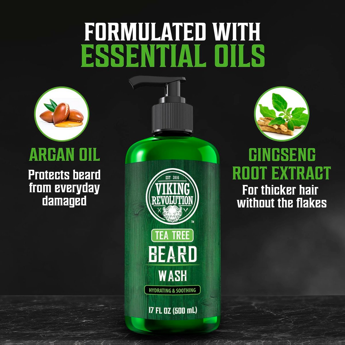 Viking Revolution Tea Tree Beard Wash for Men - Beard Softener & Strengthener with Argan Oil, Ginseng & Olive Oil, 17 oz Avelisse