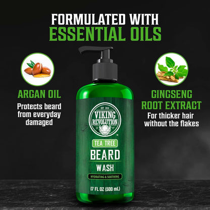 Viking Revolution Tea Tree Beard Wash for Men - Beard Softener & Strengthener with Argan Oil, Ginseng & Olive Oil, 17 oz Avelisse