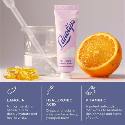 Lanolips 12 Hour Overnight Lip Mask – Rich Lanolin Lip Balm with Hyaluronic Acid, Vitamin C & Ceramides – Restore, Soften & Replenish While You Sleep – Cruelty-Free Hydrating Balm (0.52 oz / 15 g)