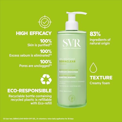 SVR Sebiaclear Foaming Gel – Gentle Cleanser for Acne-Prone Skin, Unclogs Pores, 96% Natural-Origin, Soap-Free & Sulfate-Free, 13.5 fl oz Avelisse