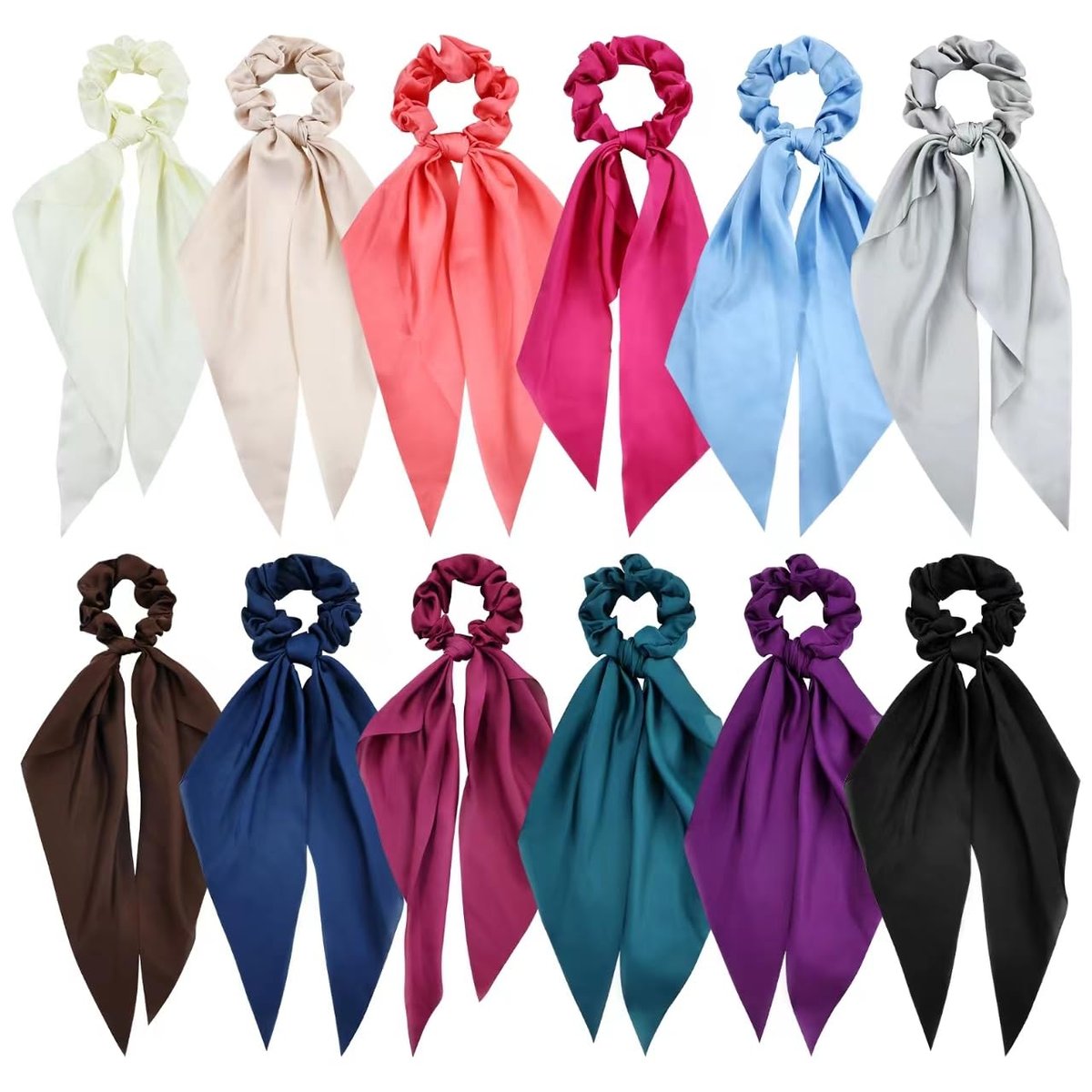 Cinaci 12 Pack Solid Silky Satin Chiffon Hair Ties with Long Ribbon Bow Tail - Scrunchies Ponytail Holders for Women Girls Teens Avelisse