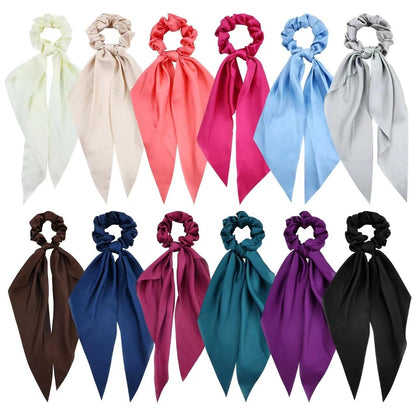 Cinaci 12 Pack Solid Silky Satin Chiffon Hair Ties with Long Ribbon Bow Tail - Scrunchies Ponytail Holders for Women Girls Teens Avelisse
