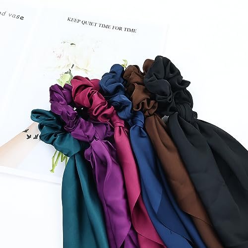 Cinaci 12 Pack Solid Silky Satin Chiffon Hair Ties with Long Ribbon Bow Tail - Scrunchies Ponytail Holders for Women Girls Teens Avelisse