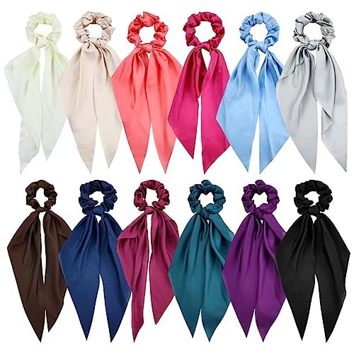 Cinaci 12 Pack Solid Silky Satin Chiffon Hair Ties with Long Ribbon Bow Tail - Scrunchies Ponytail Holders for Women Girls Teens Avelisse