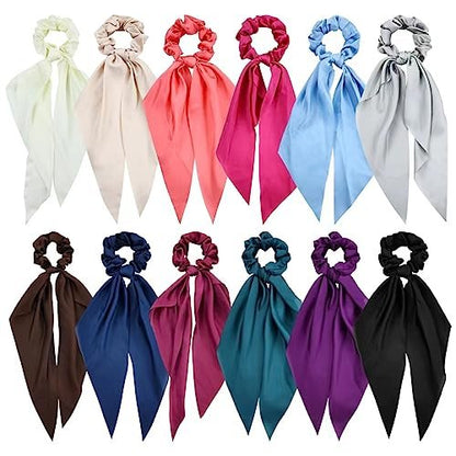 Cinaci 12 Pack Solid Silky Satin Chiffon Hair Ties with Long Ribbon Bow Tail - Scrunchies Ponytail Holders for Women Girls Teens Avelisse