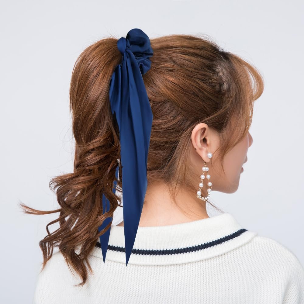 Cinaci 12 Pack Solid Silky Satin Chiffon Hair Ties with Long Ribbon Bow Tail - Scrunchies Ponytail Holders for Women Girls Teens Avelisse