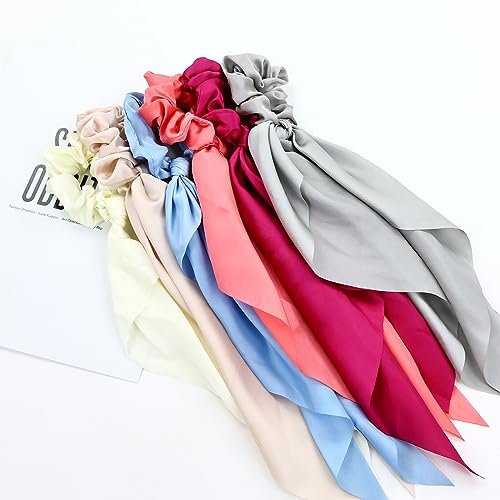 Cinaci 12 Pack Solid Silky Satin Chiffon Hair Ties with Long Ribbon Bow Tail - Scrunchies Ponytail Holders for Women Girls Teens Avelisse
