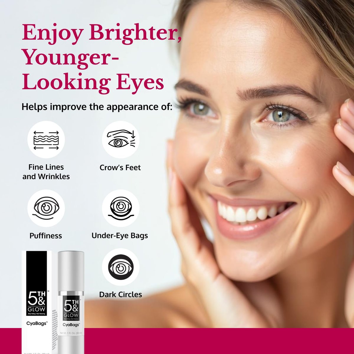 5th & Glow Cyabags Instant Under Eye Bag Remover Serum – Puffy Eyes Reduction with Hyaluronic Acid & Vitamin C for Fine Lines, Wrinkles & Crow's Feet, 1 oz Avelisse