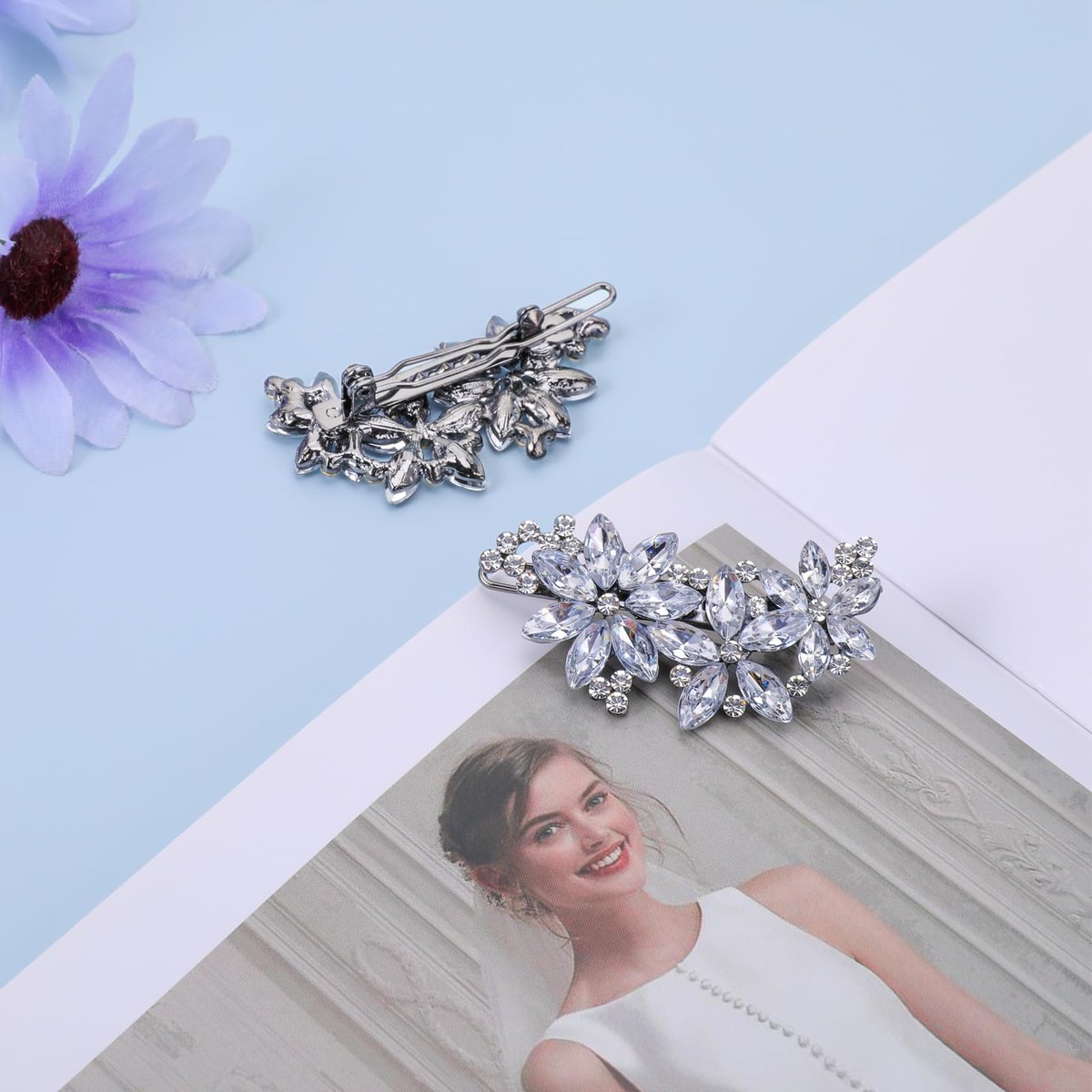 Teaaha 2-Pack Rhinestone Hair Clips - Silver Floral Design for Women's Wedding, Bridal, Party, Prom & Formal Occasions - görsel 5
