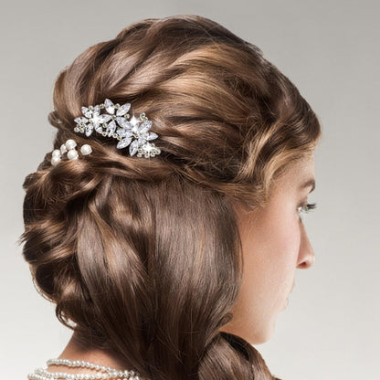 Teaaha 2-Pack Rhinestone Hair Clips - Silver Floral Design for Women's Wedding, Bridal, Party, Prom & Formal Occasions