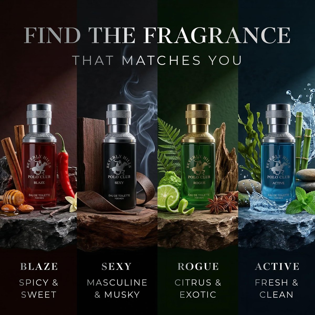 Beverly Hills Polo Club Men's Fragrance Collection - 4 Premium Eau de Toilette Colognes (1 oz Each) - Blaze, Sexy, Rogue, Active - Long-Lasting Scent Set for Him Avelisse