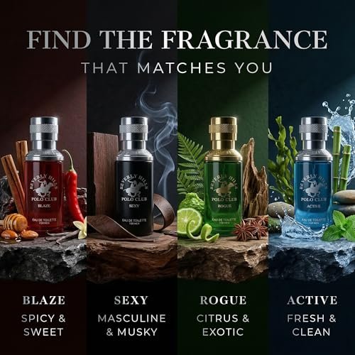 Beverly Hills Polo Club Men's Fragrance Collection - 4 Premium Eau de Toilette Colognes (1 oz Each) - Blaze, Sexy, Rogue, Active - Long-Lasting Scent Set for Him Avelisse