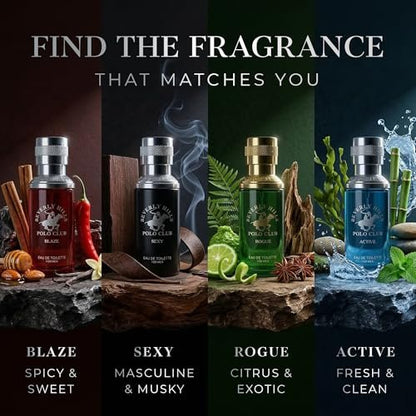 Beverly Hills Polo Club Men's Fragrance Collection - 4 Premium Eau de Toilette Colognes (1 oz Each) - Blaze, Sexy, Rogue, Active - Long-Lasting Scent Set for Him Avelisse