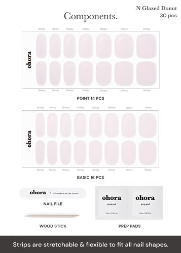 ohora Semi Cured Gel Nail Strips (N Glazed Donut) - Extended Size Range, Works with Any Lamps, Salon-Quality, Long Lasting, Easy to Apply & Remove - Includes 2 Prep Pads, Nail File & Wooden Stick Avelisse