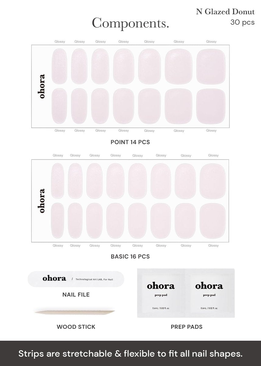 ohora Semi Cured Gel Nail Strips (N Glazed Donut) - Extended Size Range, Works with Any Lamps, Salon-Quality, Long Lasting, Easy to Apply & Remove - Includes 2 Prep Pads, Nail File & Wooden Stick Avelisse