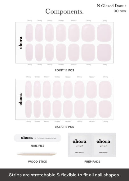 ohora Semi Cured Gel Nail Strips (N Glazed Donut) - Extended Size Range, Works with Any Lamps, Salon-Quality, Long Lasting, Easy to Apply & Remove - Includes 2 Prep Pads, Nail File & Wooden Stick Avelisse