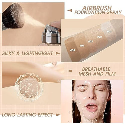 LOKFAR AirBrush Foundation Spray - Silky Mist Makeup with Brush, Full Coverage, Lightweight & Hydrating | #02 Nude