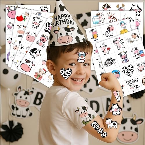 96-Piece Cow Pre-Cut Temporary Tattoos for Kids - Farm Animal Birthday Party Supplies, Decorations & Favors - Super Cute Milk Cow Sticker Gifts for Boys & Girls, Classroom Prizes, Themed Events - görsel 4