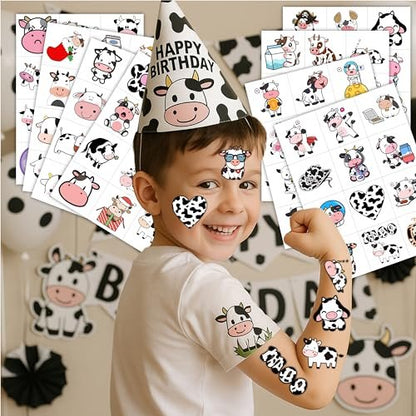 96-Piece Cow Pre-Cut Temporary Tattoos for Kids - Farm Animal Birthday Party Supplies, Decorations & Favors - Super Cute Milk Cow Sticker Gifts for Boys & Girls, Classroom Prizes, Themed Events