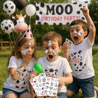 96-Piece Cow Pre-Cut Temporary Tattoos for Kids - Farm Animal Birthday Party Supplies, Decorations & Favors - Super Cute Milk Cow Sticker Gifts for Boys & Girls, Classroom Prizes, Themed Events