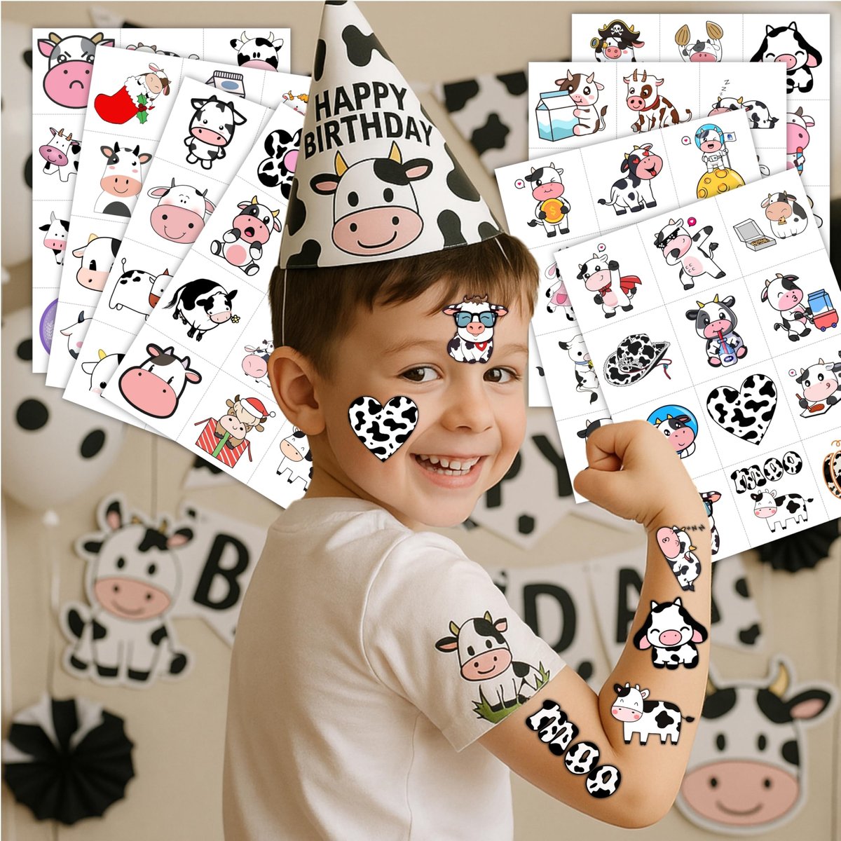 96-Piece Cow Pre-Cut Temporary Tattoos for Kids - Farm Animal Birthday Party Supplies, Decorations & Favors - Super Cute Milk Cow Sticker Gifts for Boys & Girls, Classroom Prizes, Themed Events - görsel 3