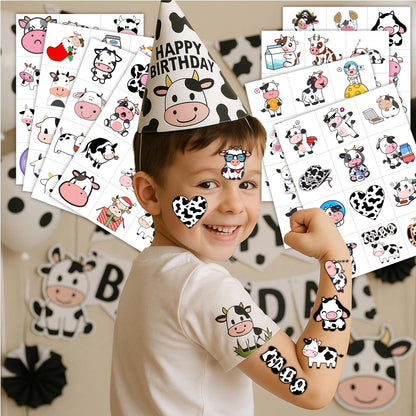 96-Piece Cow Pre-Cut Temporary Tattoos for Kids - Farm Animal Birthday Party Supplies, Decorations & Favors - Super Cute Milk Cow Sticker Gifts for Boys & Girls, Classroom Prizes, Themed Events