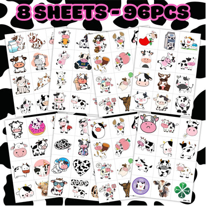96-Piece Cow Pre-Cut Temporary Tattoos for Kids - Farm Animal Birthday Party Supplies, Decorations & Favors - Super Cute Milk Cow Sticker Gifts for Boys & Girls, Classroom Prizes, Themed Events