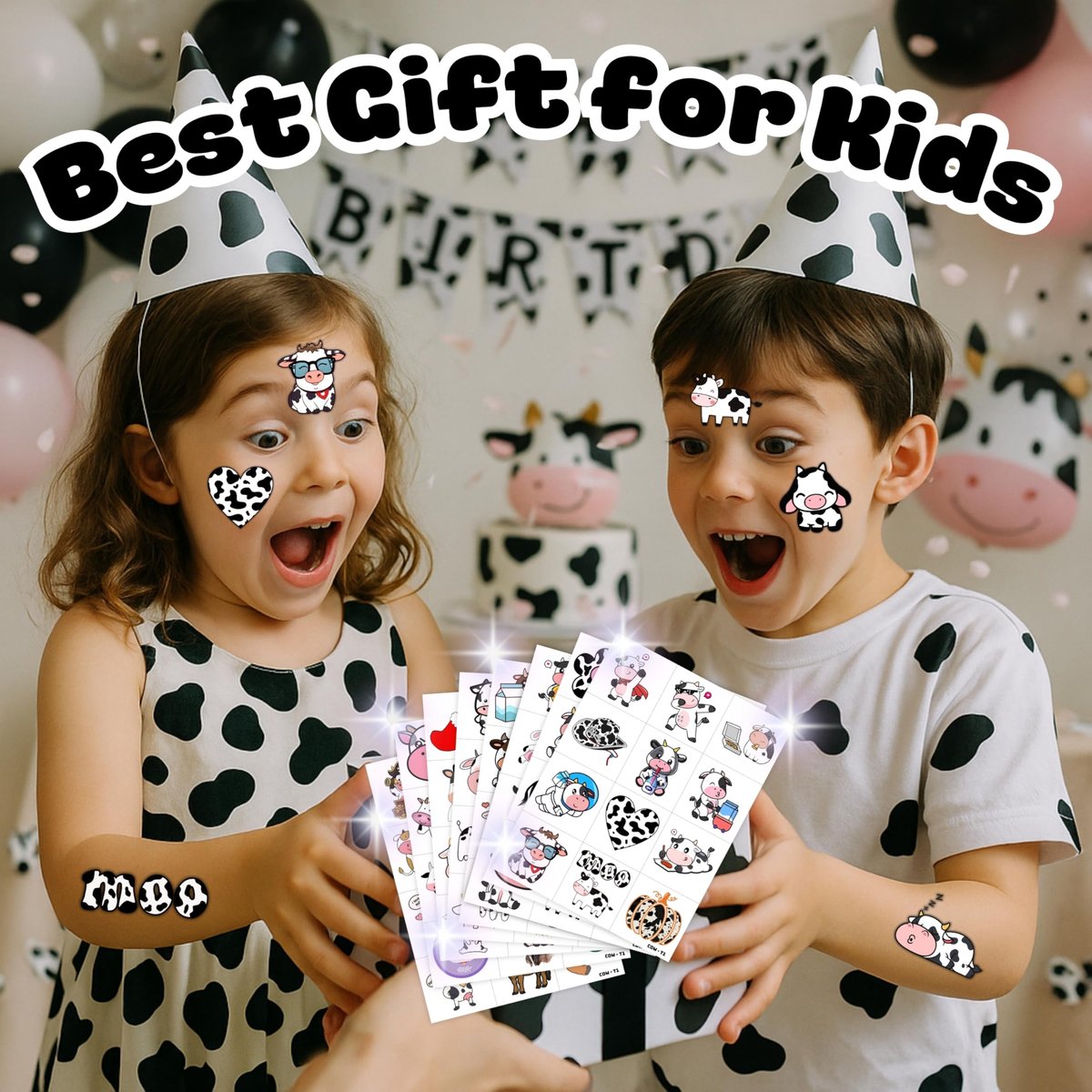 96-Piece Cow Pre-Cut Temporary Tattoos for Kids - Farm Animal Birthday Party Supplies, Decorations & Favors - Super Cute Milk Cow Sticker Gifts for Boys & Girls, Classroom Prizes, Themed Events - görsel 13