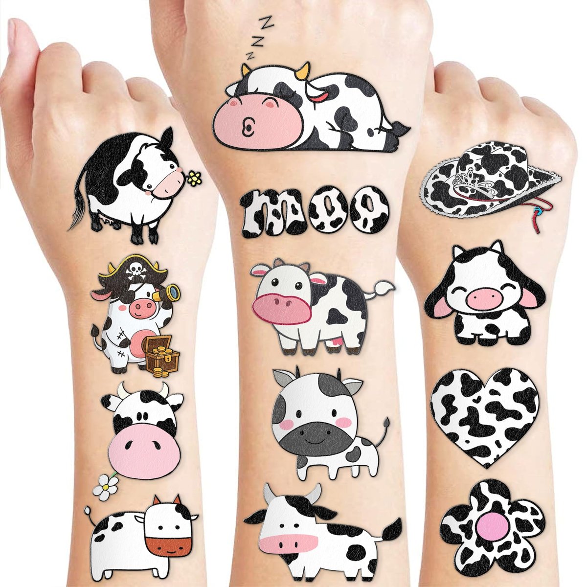 96-Piece Cow Pre-Cut Temporary Tattoos for Kids - Farm Animal Birthday Party Supplies, Decorations & Favors - Super Cute Milk Cow Sticker Gifts for Boys & Girls, Classroom Prizes, Themed Events - görsel 1