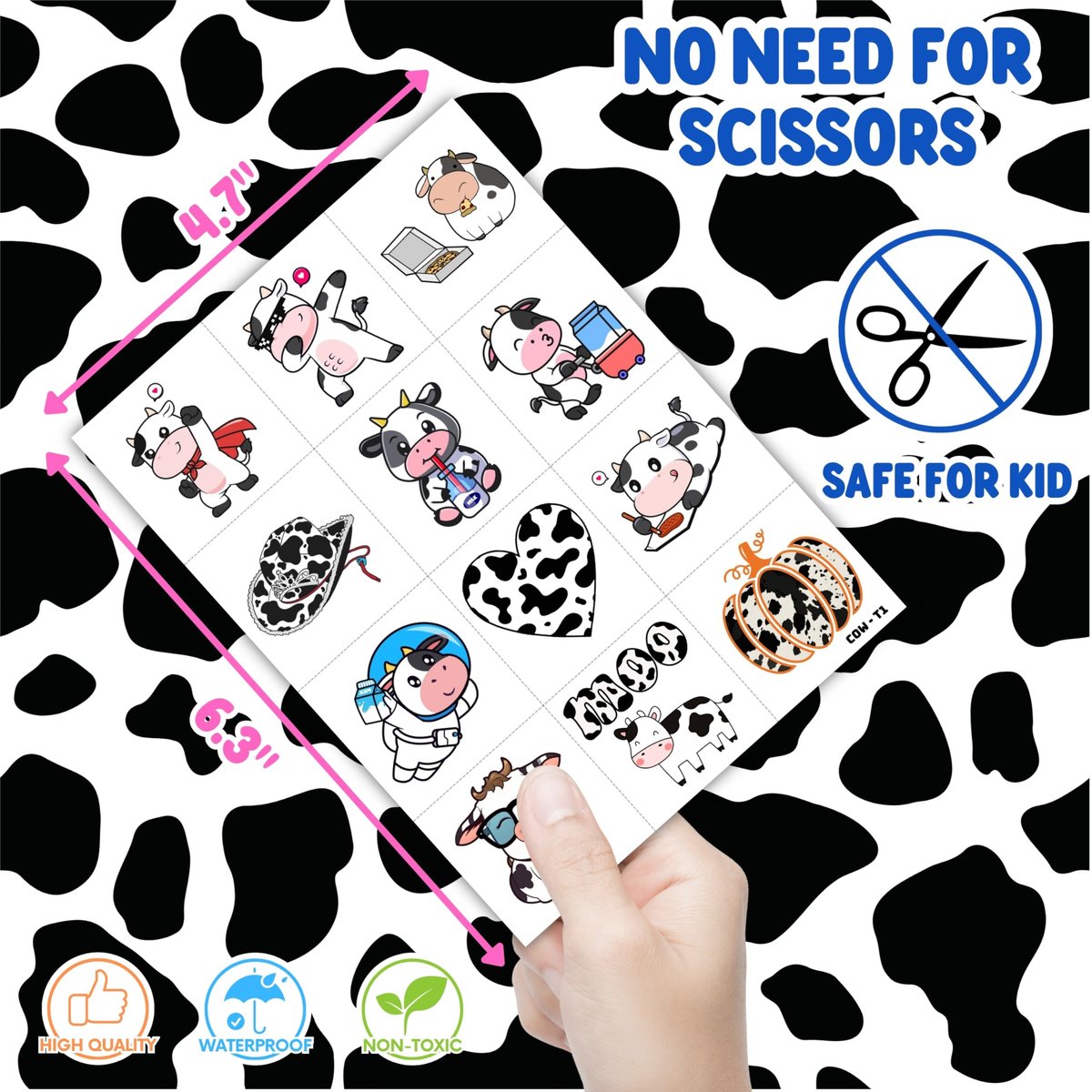 96-Piece Cow Pre-Cut Temporary Tattoos for Kids - Farm Animal Birthday Party Supplies, Decorations & Favors - Super Cute Milk Cow Sticker Gifts for Boys & Girls, Classroom Prizes, Themed Events - görsel 9