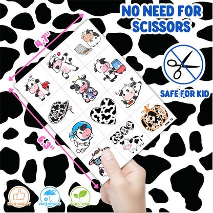 96-Piece Cow Pre-Cut Temporary Tattoos for Kids - Farm Animal Birthday Party Supplies, Decorations & Favors - Super Cute Milk Cow Sticker Gifts for Boys & Girls, Classroom Prizes, Themed Events