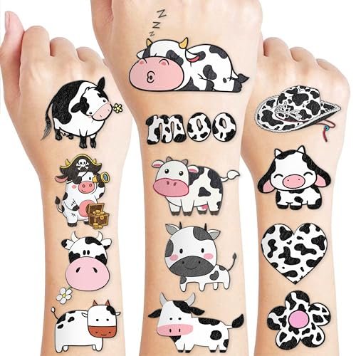 96-Piece Cow Pre-Cut Temporary Tattoos for Kids - Farm Animal Birthday Party Supplies, Decorations & Favors - Super Cute Milk Cow Sticker Gifts for Boys & Girls, Classroom Prizes, Themed Events - görsel 2