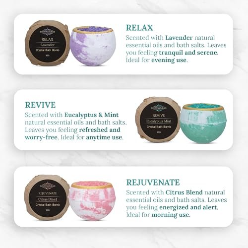 Satavi Naturals Crystal Bath Bombs Gift Set (6 Pack) – Aromatherapy Geode Fizzies with Nourishing Bath Salts – Lavender, Eucalyptus Mint & Citrus – Spa Gifts for Women, Relaxation & Moisturizing Avelisse