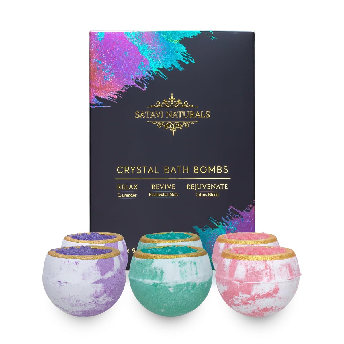 Satavi Naturals Crystal Bath Bombs Gift Set (6 Pack) – Aromatherapy Geode Fizzies with Nourishing Bath Salts – Lavender, Eucalyptus Mint & Citrus – Spa Gifts for Women, Relaxation & Moisturizing Avelisse