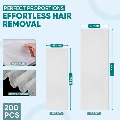 Amira Beauty 200 Non Woven Wax Strips for Hair Removal - Gentle Wax Paper for Face, Bikini, and Body - Pre-Cut, Tear Resistant Small and Large Strips