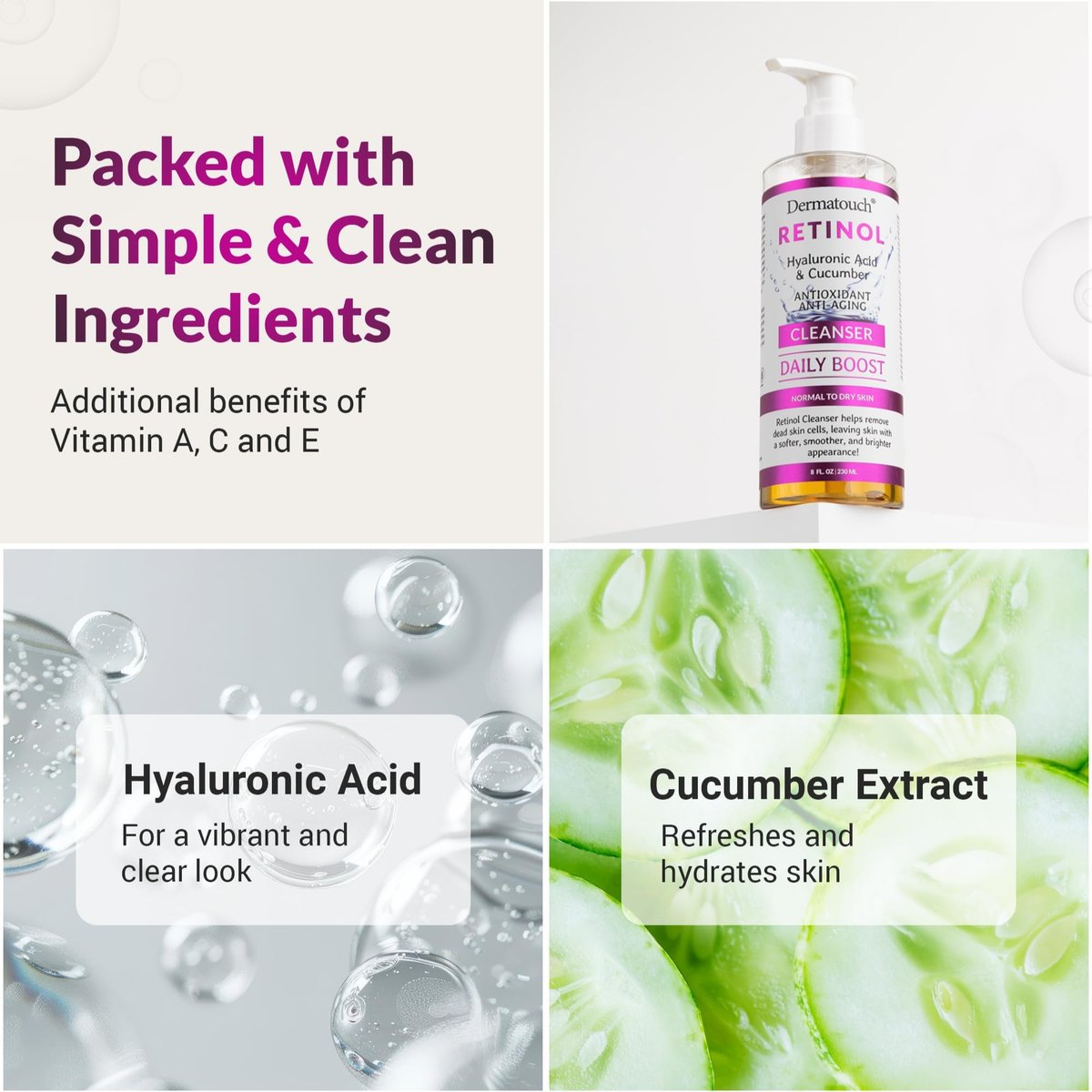 DERMATOUCH Retinol Face Cleanser – Daily Face Wash with Hyaluronic Acid, Cucumber, and Vitamins for Normal to Dry Skin – Hydrating Antioxidant Formula – Made in USA – 8 Fl Oz Avelisse