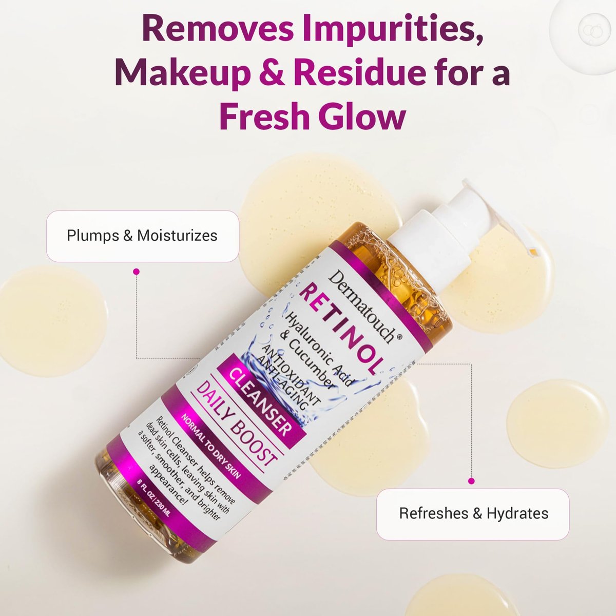 DERMATOUCH Retinol Face Cleanser – Daily Face Wash with Hyaluronic Acid, Cucumber, and Vitamins for Normal to Dry Skin – Hydrating Antioxidant Formula – Made in USA – 8 Fl Oz Avelisse