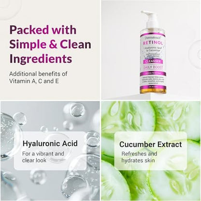 DERMATOUCH Retinol Face Cleanser – Daily Face Wash with Hyaluronic Acid, Cucumber, and Vitamins for Normal to Dry Skin – Hydrating Antioxidant Formula – Made in USA – 8 Fl Oz Avelisse