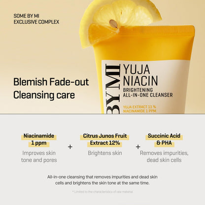 SOME BY MI Yuja Niacin Brightening All in One Cleanser - 3.38 oz (100ml) - Mild Daily Face Wash for Dull-Looking Skin - Low pH Formula - Pore and Sebum Care - Korean Skincare Avelisse
