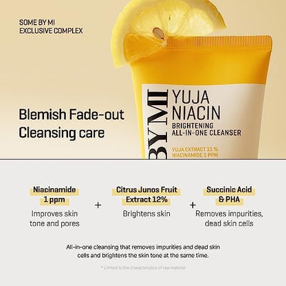 SOME BY MI Yuja Niacin Brightening All in One Cleanser - 3.38 oz (100ml) - Mild Daily Face Wash for Dull-Looking Skin - Low pH Formula - Pore and Sebum Care - Korean Skincare Avelisse